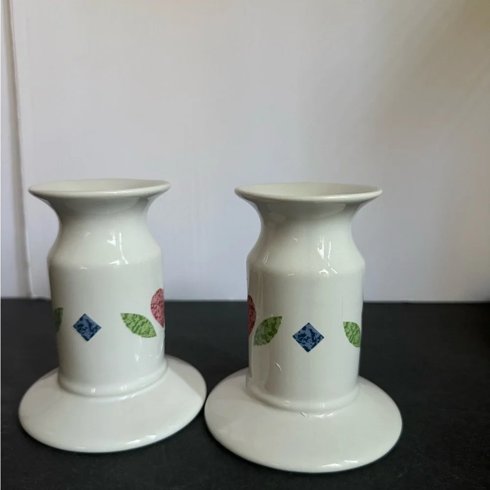 Vintage 1990’s Corning Life Styles Quilt Pair of Ceramic Candlesticks